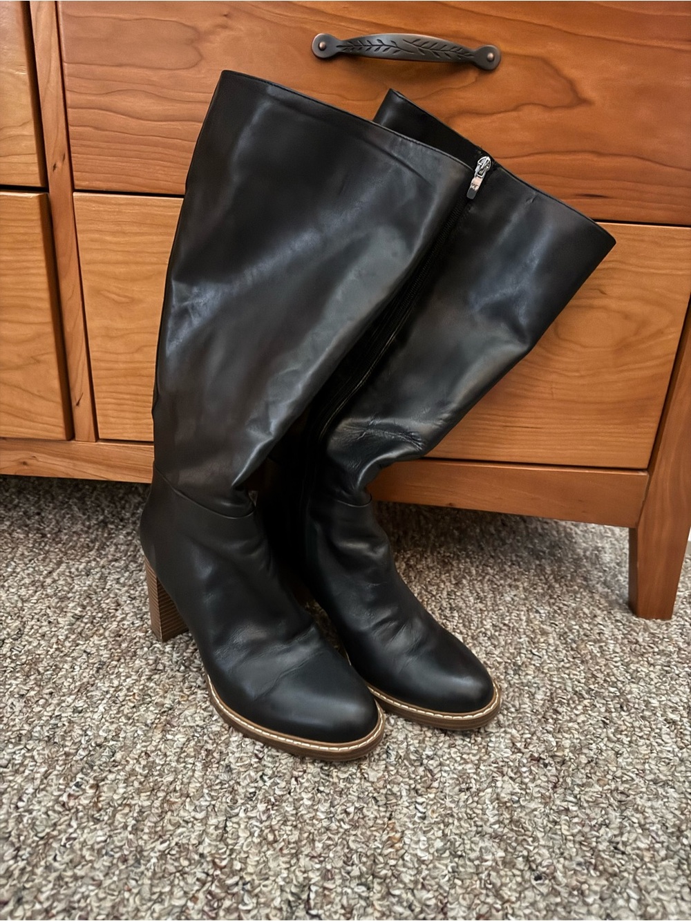 Marc Fisher Gabey Black Leather Knee-High Boots with Stacked Brown Block Heel